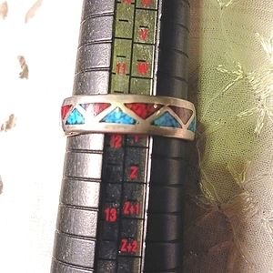 Sterling Silver, Turquoise, and Coral Inlay Vintage Band
